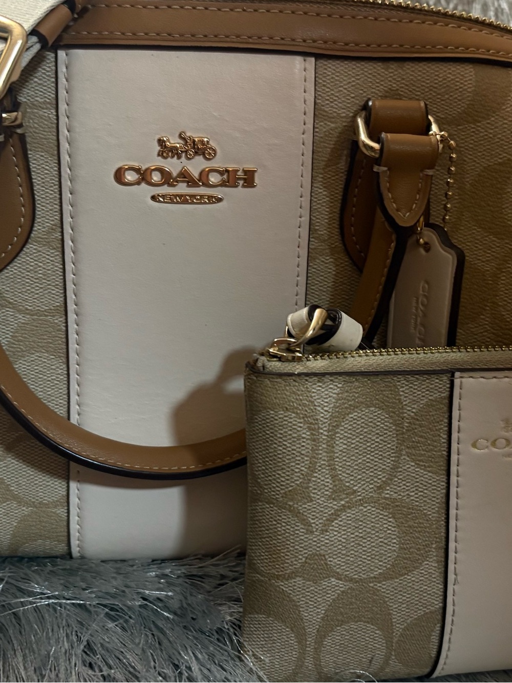 COACH Tan and Cream Signature Crossbody Bag with Wristlet